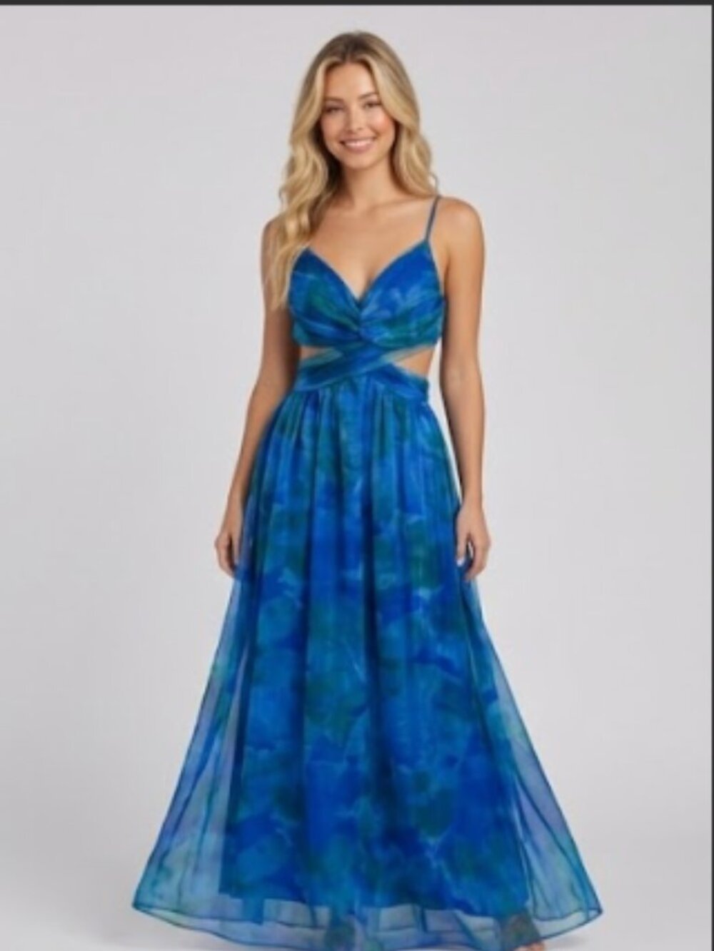 Blue Watercolor Cutout Tie-Back Crisscross  Maxi Dress